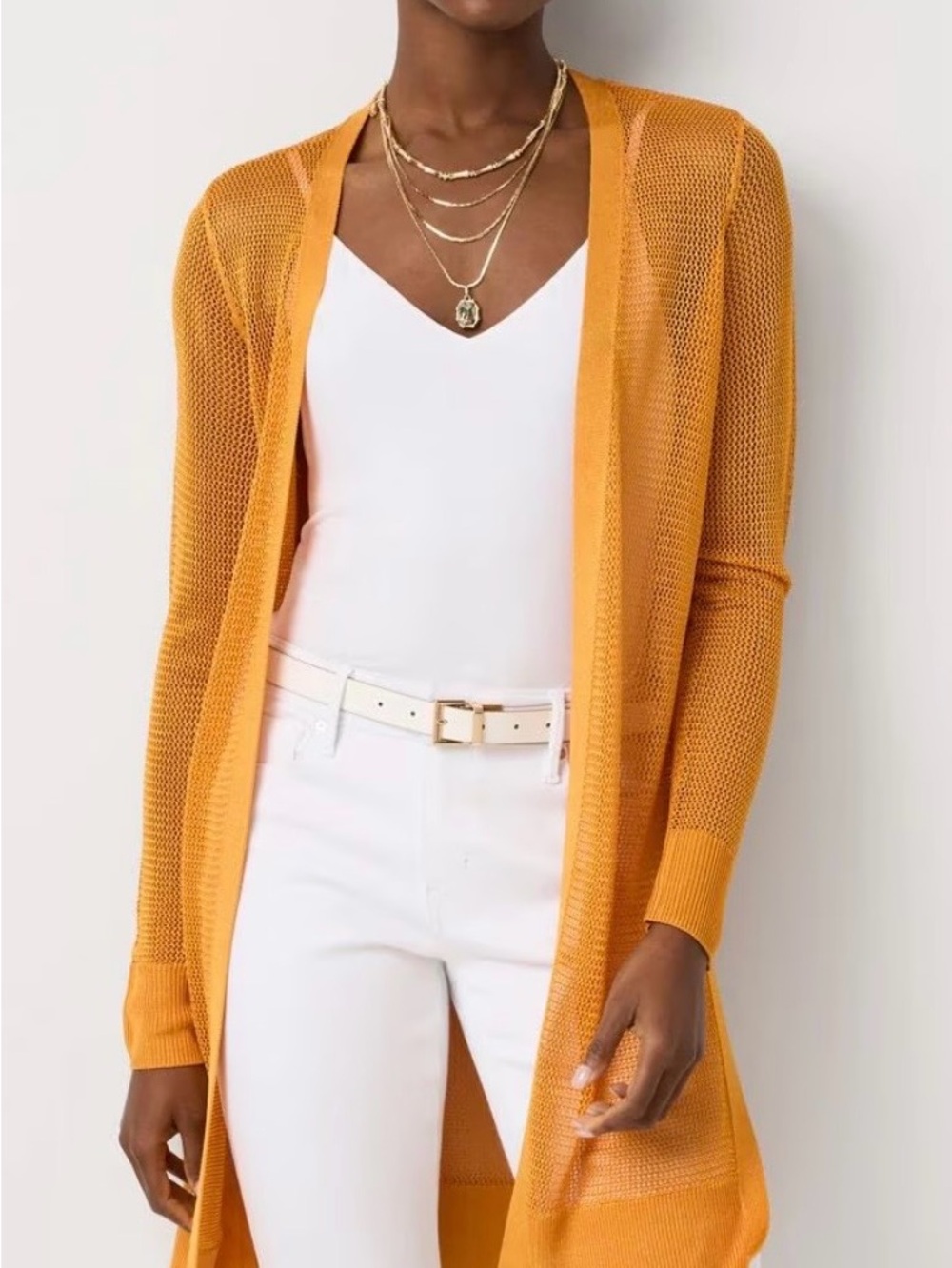 White House Black Market Open-Front Mesh Long Cardigan in Mustard